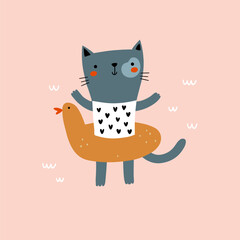 vector illustration of a cute kitten wearing inflatable safety ring