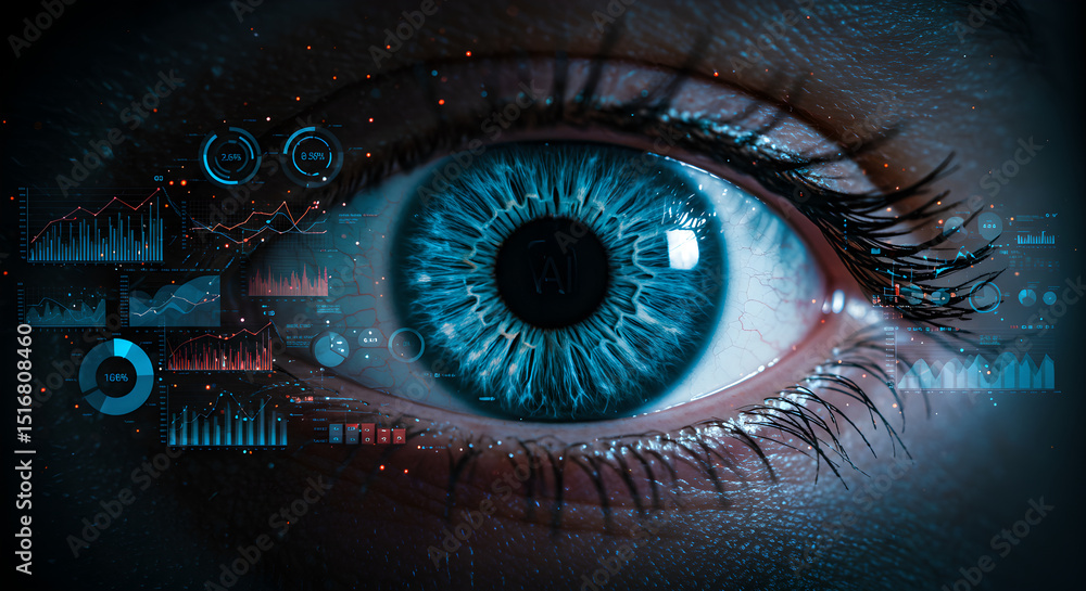 Poster close up of a large human eye with digital data overlay and ai concept. artificial intelligence biom