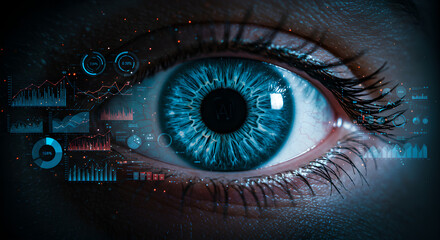 Close up of a large human eye with digital data overlay and AI concept. Artificial intelligence biometric scanning for future technology.