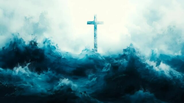 Christian cross faith symbol emerges amidst stormy ocean waves offering spiritual hope divine light salvation Powerful religious worship background animation for sermons inspired thoughtful videos