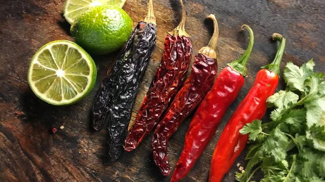 Vibrant chili peppers fresh limes and aromatic cilantro on rustic wood table perfect for authentic Mexican cuisine cooking videos food blogs or healthy eating content.