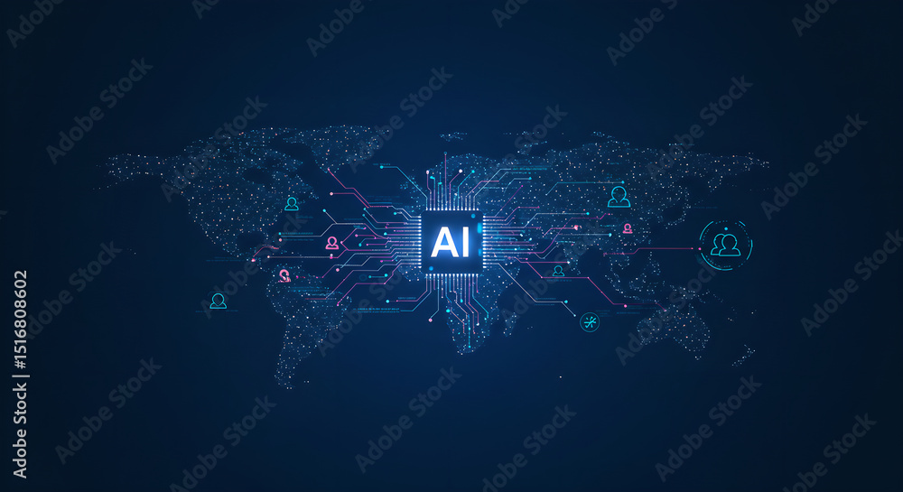 Poster world map with glowing ai circuit board and user icons. global network connection for artificial int