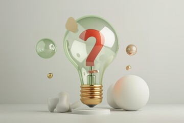 Conceptual lightbulb with question mark inside surrounded by spheres and abstract shapes