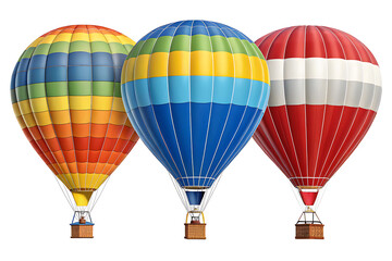 Fototapeta premium Three colorful hot air balloons with striped patterns floating against a white background sky view