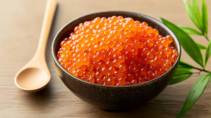 Pile Of Red Caviar In Dark Bowl With Wooden Spoon