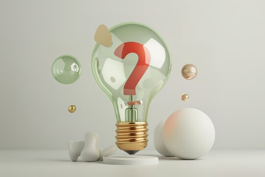 Conceptual lightbulb with question mark inside surrounded by spheres and abstract shapes
