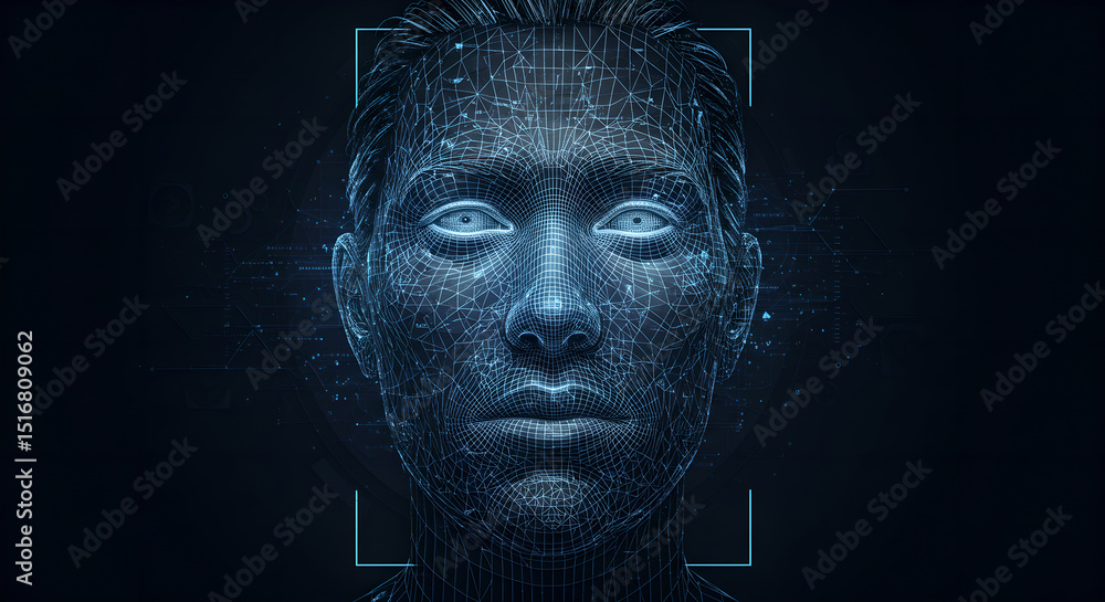 Aufkleber wireframe human face with glowing eyes on a dark background. ai technology for digital identity and 