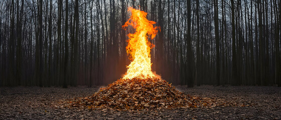 Large Pile Of Leaves Burning In Dark Forest