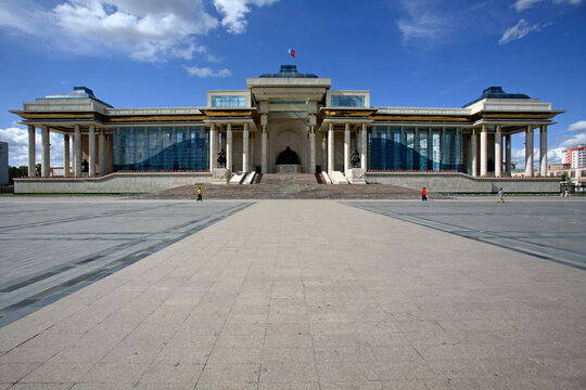 Government house with Genghis Khan monument, Sukhbaatar Square, Ulaanbaatar, Mongolia
