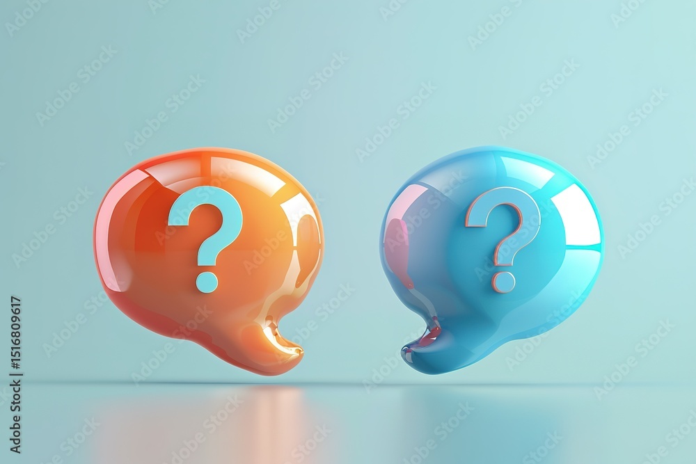 Poster doubt and uncertainty: two speech bubbles with question marks on a light background