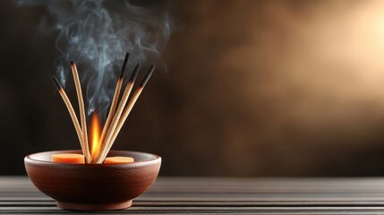 A serene image of incense sticks emitting smoke in a beautifully crafted wooden bowl, creating an atmosphere of calmness, spirituality, and contemplative relaxation.