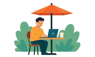 A young man is working on his laptop at an outdoor table under a large umbrella. Surrounded by greenery with a coffee cup nearby, he enjoys a relaxed and productive remote work session.