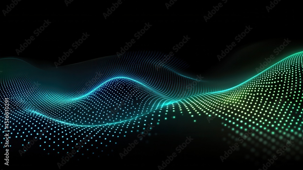 Poster abstract background with glowing green and blue dots connected with line on black background