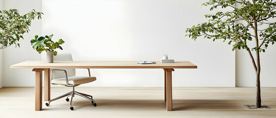 Modern Minimalist Wooden Office Desk With Chair And Plants