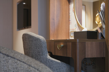 Luxurious mini suite stateroom cabin room onboard luxury cruise ship cruiseship ocean liner with...