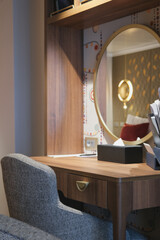 Luxurious mini suite stateroom cabin room onboard luxury cruise ship cruiseship ocean liner with...