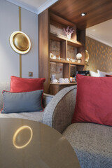 Luxurious mini suite stateroom cabin room onboard luxury cruise ship cruiseship ocean liner with...
