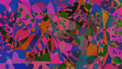 Fragmented Echo - Colorful Abstract Geometric Collage with Overlapping Shapes and Textured Patterns