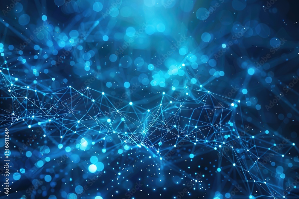 Poster glowing network of interconnected nodes and lines against a blue bokeh background