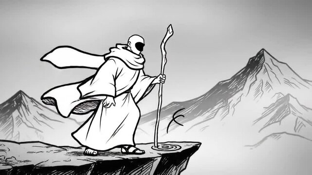 Blade Monk on the Cliff &ndash; Wind, Stillness, and Ritual in Minimalist Animation