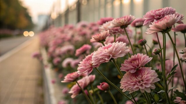 Flowery pink blooms along a city sidewalk during sunset  
