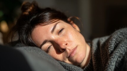 Close-up of a weary woman resting on a sofa with a blanket, sunlight softly illuminating her tired face, 