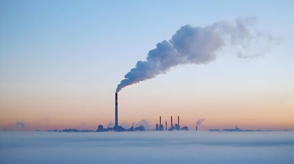 Industrial Plant Over Foggy Landscape At Sunrise