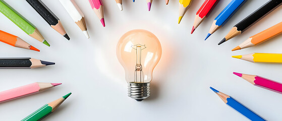 Colorful Pencils Surrounding Illuminated Light Bulb