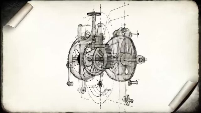Exploded View Line Drawing of Vintage Clockwork Engine