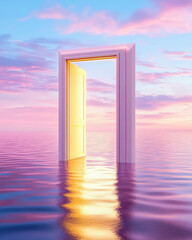 A glowing open door stands in the middle of calm water under a dreamy, colorful sunset sky, symbolizing opportunity and imagination