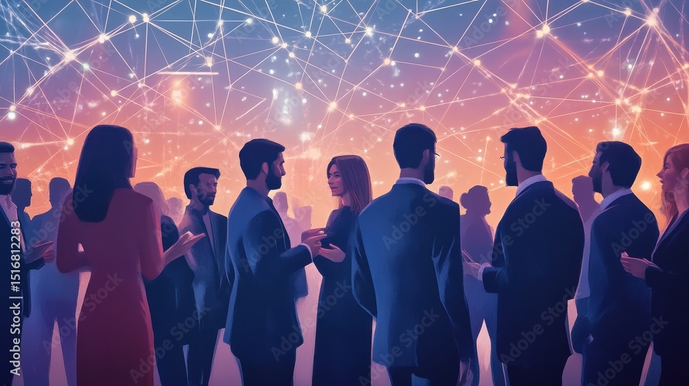 Poster illustration of interconnected professionals networking and collaborating in a team setting, emphasi