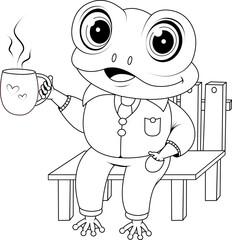 Black and white frog coloring page with coffee cup sitting on a bench