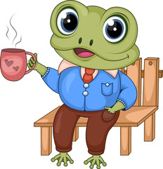 Cute cartoon frog in a shirt with a cup of coffee sitting on a bench