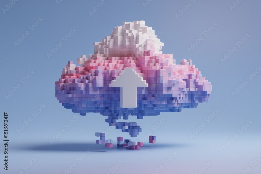 Aufkleber Cloud Illustration Featuring a Pixelated Design With a Broken Upload Icon, Showcasing a Soft Upper Part and Vibrant Colors