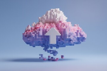 Obraz premium Cloud Illustration Featuring a Pixelated Design With a Broken Upload Icon, Showcasing a Soft Upper Part and Vibrant Colors