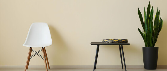 Simple Modern Interior With White Chair, Black Table And Snake Plant