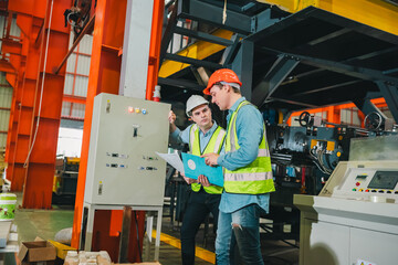 Engineer worker team of technicians collaborating on production line inside factory, wearing safety...