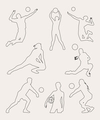 Art & Illustration. A versatile set of black outline silhouettes depicting volleyball players in various dynamic action poses. These clean and modern graphics are perfect for sports-themed designs