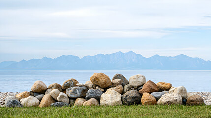 Coastal Rocks Pile Against Mountainscape