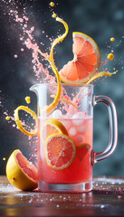 A punch glass garnished with an orange spiral and mint splashes liquid upwards, capturing a lively studio shot.