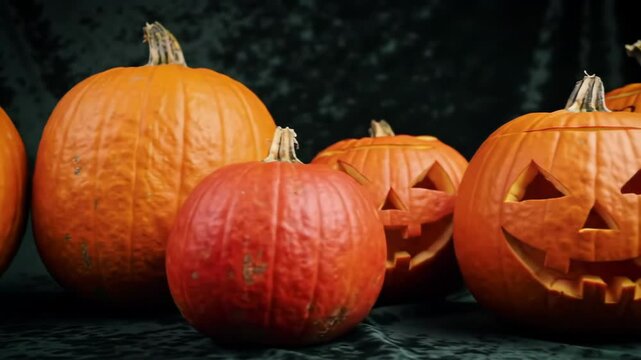 pumpkins, some with faces, ready for Halloween celebration.