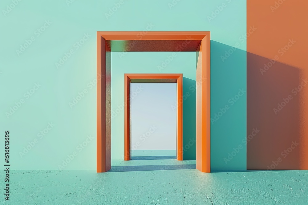 Poster orange door frames create a tunnel effect in an architectural abstract of color blocking