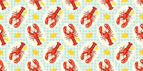 Colorful seamless pattern featuring red lobsters paired with lemons on a light blue checkered background, perfect for use in creative projects, kitchen decor, sea-themed designs. Vector illustration