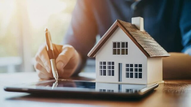 Real estate agent signing a contract on tablet with miniature house model on desk