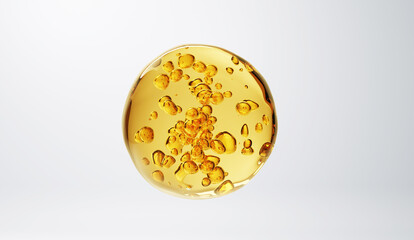 Golden oil bubble with suspended particles in 3D on white background. Ideal for skincare, anti-aging, cosmetic, collagen, and wellness product visuals or promotional design.