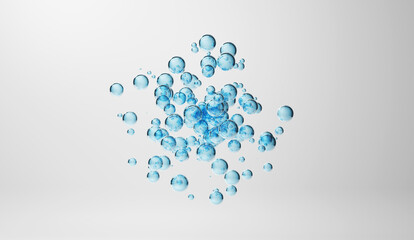3D blue water bubbles floating in clean white space. Perfect for skincare, hydration, oxygen, cosmetic, medical, and scientific design or product visualization concepts.