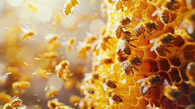 Close-up of being working on honeycomb, bee collecting nectar and pollen, horizontal banner, copy space, free space for text