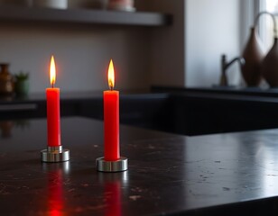 Red Candles on a Kitchen Countertop