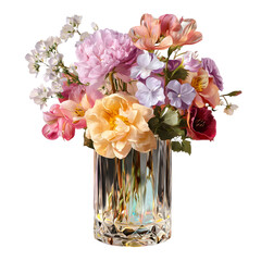 Artistic crystal vase with fresh flowers, isolated on a transparent background --v 7.0