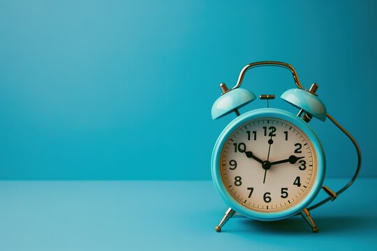 Retro blue alarm clock set against a matching blue background a picture of time